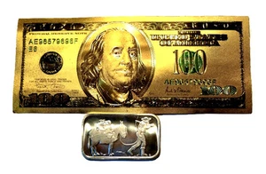 1 OUNCE .999 FINE SILVER RETRO PROSPECTOR BAR BU  + 1 99.9% 24K GOLD $100 BILL - Picture 1 of 8