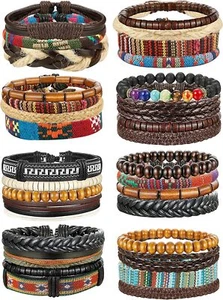 31 woven leather bracelets, wooden bead punk multi-layer bracelets - Picture 1 of 6