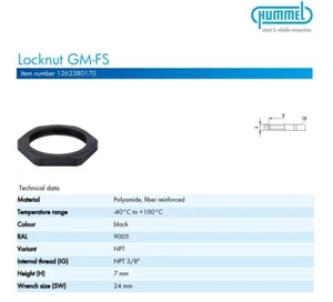 x6 HUMMEL 3/8 NPT 1.262.3801.70 NN-09-BK LOCKNUT LIQUID TIGHT CORD GRIP GLAND - Picture 1 of 5