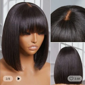 14" Short Bob Wig with Bangs Brazilian Straight Human Hair - Picture 1 of 5