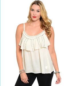 GU2 PLUS SOLID IVORY SILVER BEAD POLYESTER CASUAL SLEEVELESS TOP BLOUSE 1X NEW - Picture 1 of 3