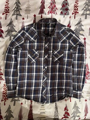 Camisa de mezclilla Arizona azul gris a cuadros perla a presión occidental manga larga para hombre M Foto 1 de 4