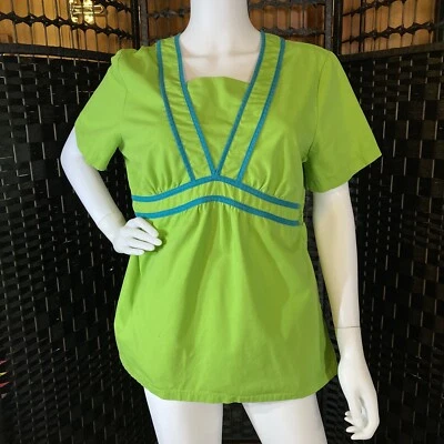 Katherine Heigl By Peaches Scrub Top Women's Large V Neck Green & Blue 2 Pocket - Image 1 of 4