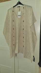BNWT Zara Oversized Cotton Striped Kaftan Dress Cover Up Beige Cream M Medium - Picture 1 of 11