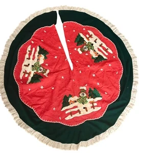 Vintage Schneemann Filz Weihnachtsbaum Rock 46" Handarbeit Applikation Pailletten Ösen Spitze - Bild 1 von 11