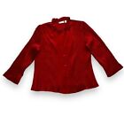 Chicos Red Velvet Button Up Jacket Top Ruffle Neck Crinkle Fabric SZ2/US Large