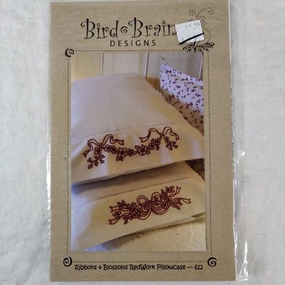 Ribbons & Blossoms RedWork Pillowcase Embroidery Pattern Template Small 4" x 10" - Image 1 of 4