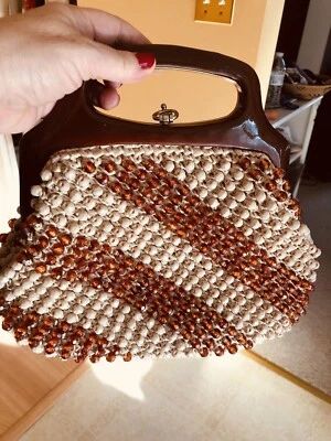 Bolsa de mão mini embreagem pequena década de 1970 hippie vintage âmbar com miçangas - Imagem 1 de 4