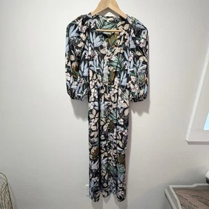 Maje Ringle Kleid Gr. Medium schwarz Dschungelmuster gesmokt Knopfleiste Tiger Blumen - Bild 1 von 15