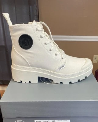 Palladium 女式 7.5W/6M 码 Pallabase 斜纹白色靴,款式 #96907-116-M  — 第 1/4 张图片