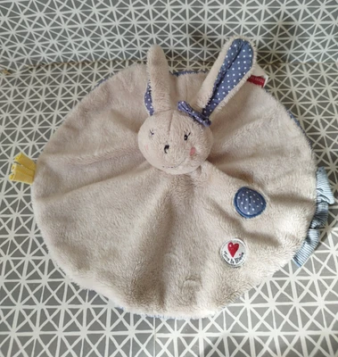 Doudou  lapin plat rond gris beige bleu pois Terre de Marins - Photo 1/4