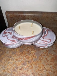 NEW 3 Pcs Citronella Soy Wax Candles in Tin with Cover Pink Swirl Design Print - Picture 1 of 9
