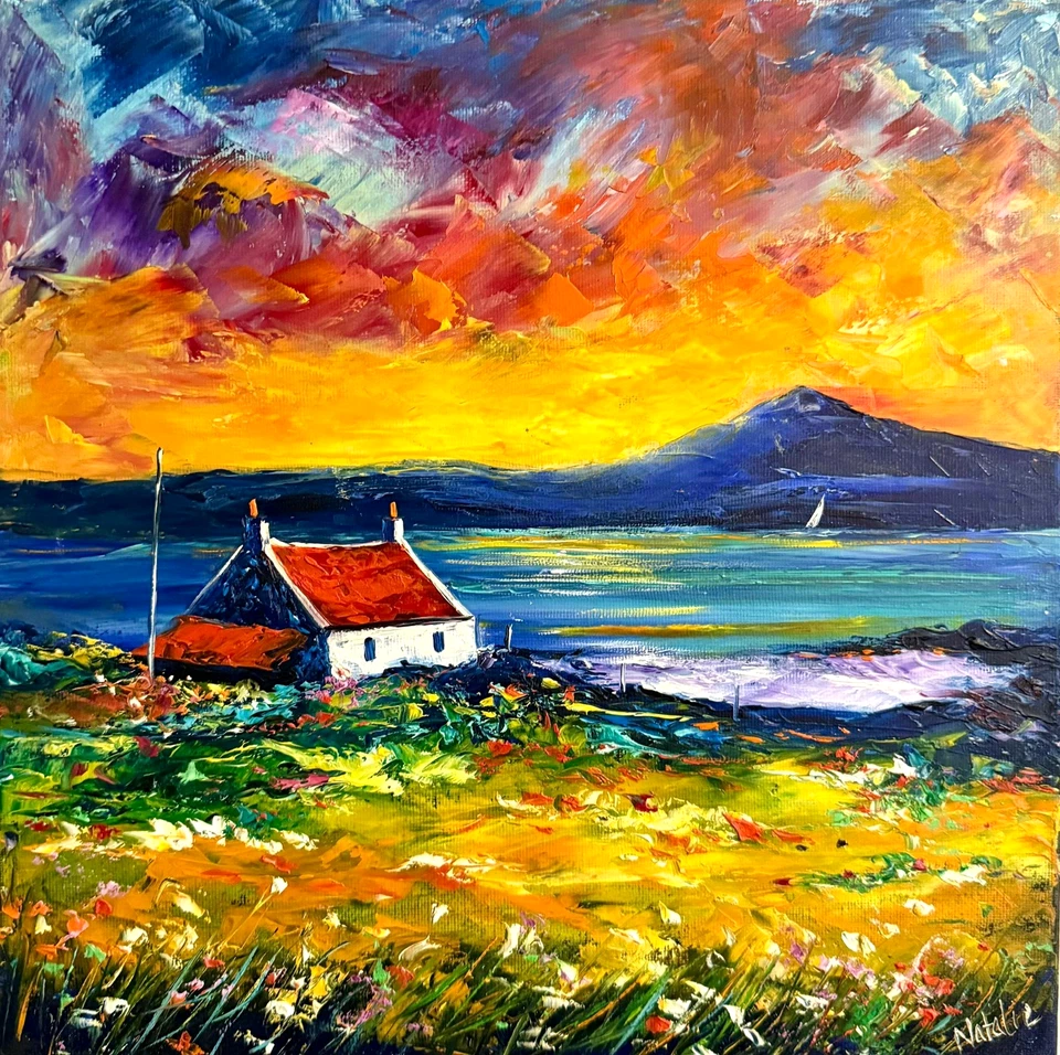 Pintura al óleo escocesa original de Natalie Souter "Puesta de sol y flores silvestres de Barra" Foto 1 de 1