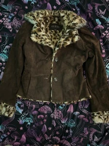 Guess Mob Wife Women's Brown Suede and Leopard Print Jacket Size Small!!! - Picture 1 of 5