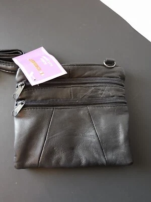 EMBAJADA EE. UU. Cartera de Cuero Genuino NUEVA Negra 7" x 6.5" Correa para el Hombro o Cintura  Foto 1 de 4