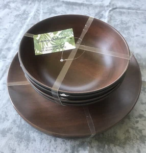 TOMMY BAHAMA Melamine Dark Brown Wood Wooden Dinner Plate Bowl Set Of 8 New! - Picture 1 of 5