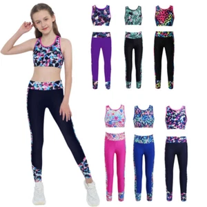 Girls Kids Tracksuit Dance Sports Crop Top Pants Set Workouts Activewear Costume - Picture 1 of 68