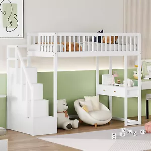 Hochbett Massivholz Kinderbett 90x200cm mit Schreibtisch und Stauraumtreppe Weiß - Bild 1 von 8