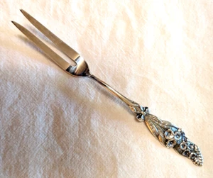 Vintage Silverplate Reed & Barton 2 Tine Pickle Olive Appetizer Fork Hollyhock - Picture 1 of 5