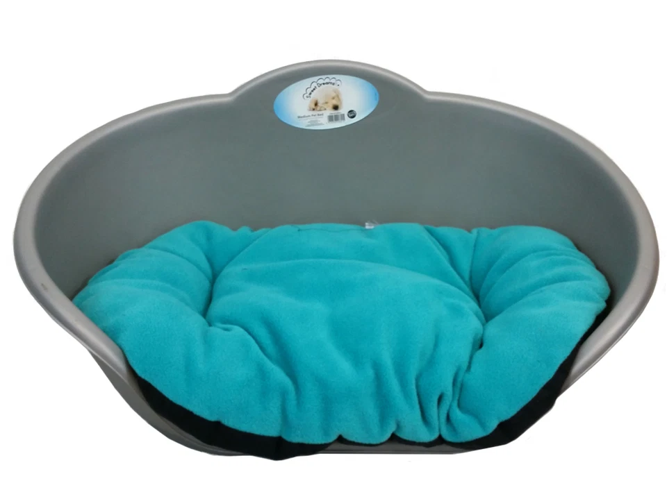 EXTRA LARGE PLASTIC SILVER GREY PET BED WITH AQUA CUSHION DOG CAT SLEEP BASKET - Image 1 of 1