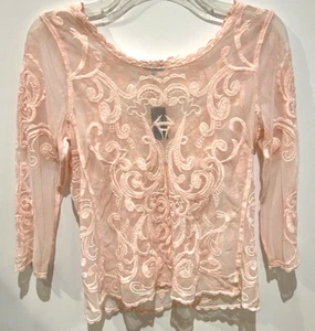 Express Damen rosa transparent bestickt Spitze Mesh Top Gr. L romantisch Boho Tüll Neu mit Etikett - Bild 1 von 23