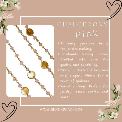 Cadena de cuentas para monedas de calcedonia rosa chapada en oro 24K | Joyería de cuarzo hidro natural Foto 1 de 4