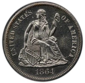 1864 SEATED LIBERTY 10c - PCGS PR 64 - VERY PQ WITH LIGHT CAMEO CONTRAST - Picture 1 of 5