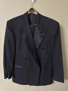 Vintage 90s Fabrizio Cellini Double Breasted Black Twill Wool Suit 44R 34X32 - Picture 1 of 17