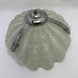 Vintage Art Deco Hanging Pendant Clam Shell Frosted Glass Chrome Light Shade - Picture 1 of 11