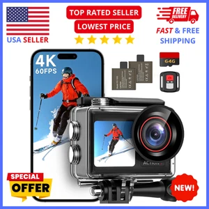 4K Action Camera 60FPS 30MP w/ Front LCD Touch Screen,132FT Waterproof,64GB Card - Picture 1 of 8