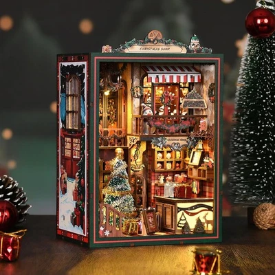 MARKENLOS Christmas Book Nook Kit con Music Box Luce LED 3D Puzzle in Legno Fai da Te Miniatura Casa