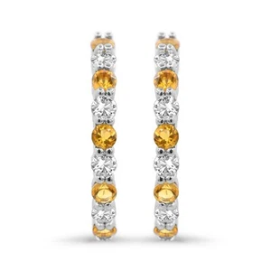 925 Sterling Silver Citrine & Lab Created White Sapphire Hoop Earrings for Women - Picture 1 of 2