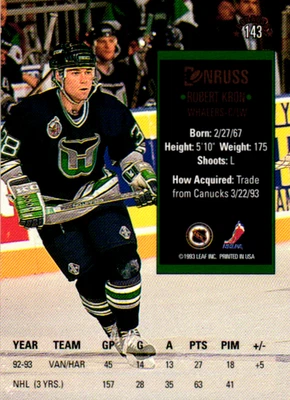 Robert Kron Whalers 1993 Donruss NHL Hockey Card #143 - Image 1 of 2