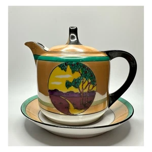 Antike Noritake Art Deco Glanzgeschirr Teekanne mit passender Untertasse - Japan Porzellan - Bild 1 von 14