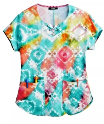 Heartsoul Scrub Top Women's Size XS Colorful Tie Dye Trance Round Neck NWT - Image 1 of 4