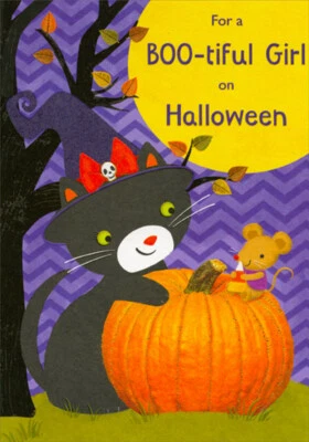 Linda Tarjeta de Halloween para Niña Patrón Chevron Púrpura Gatito Ratón y Calabaza Foto 1 de 2
