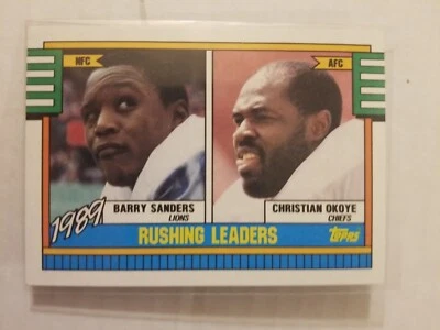 1990 Topps - 1989 NFL Rushing Leaders Card - #28 Christian Okoye, Barry Sanders - Image 1 of 4