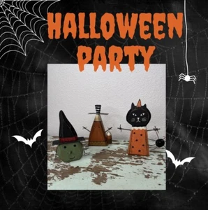 Primitive Halloween Figurines Lot 3 Cat Candy Corn Pumpkin Witch Prim By Kathy - Picture 1 of 6