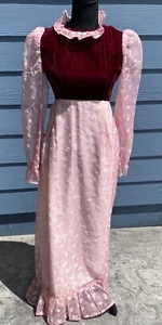 70s vintage peasant cottagecore ren fair dress flower pink velvet prairie maxi - Picture 1 of 9