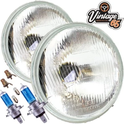 7 INCH ROUND FLAT HEADLIGHT HALOGEN CONVERSION UPGRADE XENON H4 BULB WITH PILOT - Image 1 of 2