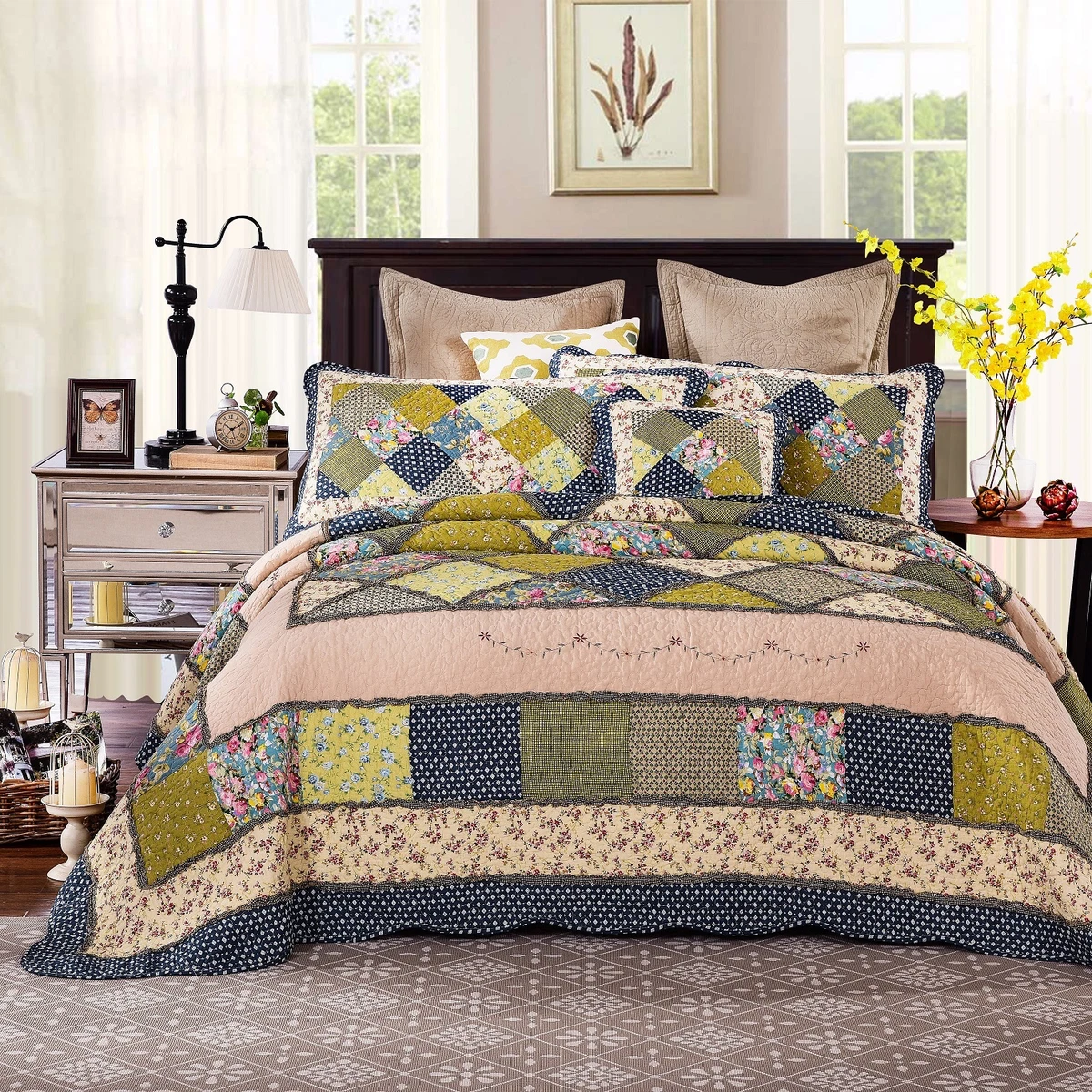 WONGS BEDDING Colcha 220 X 240 Cm Azul Patchwork Manta De Cama Colchas Acolchadas Patrón Floral Colcha Microfibra A Cuadros Con 2 Fundas De Almohada 50 X 75 Cm