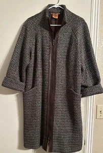 Tory Burch Tweed Style Brown Weaved Coat Size 14, Leather Trim - Picture 1 of 9