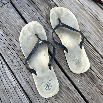 Tory Burch Navy Blue & cream Sandals Gold Logo Flip Flops Women 10M soft rubber  - Image 1 of 4