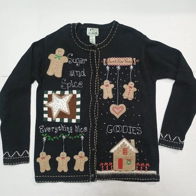 Vtg Quacker Factory Black Sweater Gingerbread Ugly Christmas Sugar Spice Small - Image 1 of 4