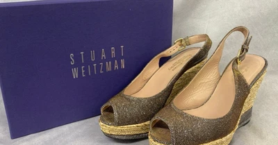 STUART WEITZMAN JEAN PEEPTOE CORK WEDGE IN SILVER GLITTER LEATHER, 6.5 RRP £230 - Image 1 of 4
