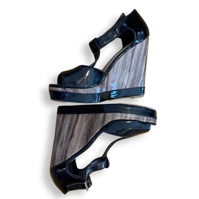 Punta abierta de grano de madera sintética charol negro talla 8... tacón alto cuña de 5" italiano  Foto 1 de 4