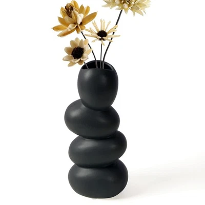 Ceramic Flower Vase Handcrafted Cobblestone Shape Centerpiece Home Decor Black - Image 1 of 4