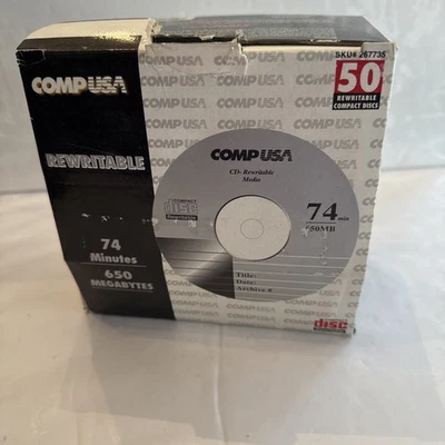 Vintage CompUSA 50 Pack Blank CD-RW Discs 74 min 650MB New Sealed Spindle - Image 1 of 4