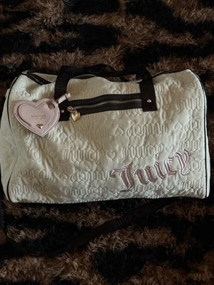 Juicy Couture Y2K White Velvet Duffle Bag With Pink And Brown Accent Gold - Image 1 of 4
