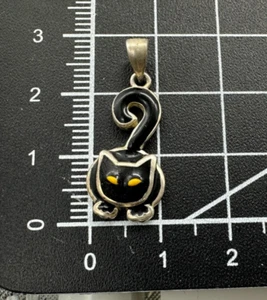 Sterling Silver Stamped .925 Enamel Black Cat Pendant - Bild 1 von 4